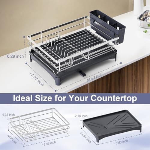PXYHMUS Stainless Steel Kitchen Counter Dish Drying Rack with Drainer and Cutlery Holder, 16.5" D x 11.8" W x 6.29" H 5