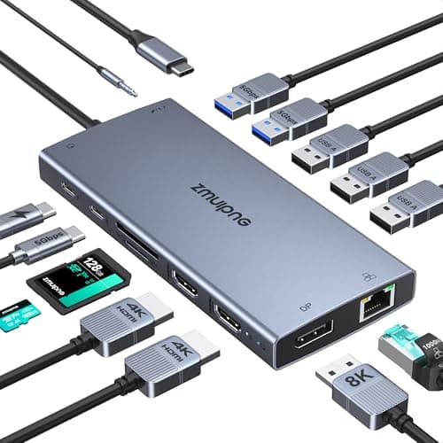 USB C Laptop Docking Station with 2 HDMI 4K@60Hz+DP 8K@30Hz for Dell HP 15 in 1 USB C Hub Triple Display Multiple Adapter Dongle with USB A Port+Button+PD+Ethernet+SD/TF+Audio for Thinkpad Surface