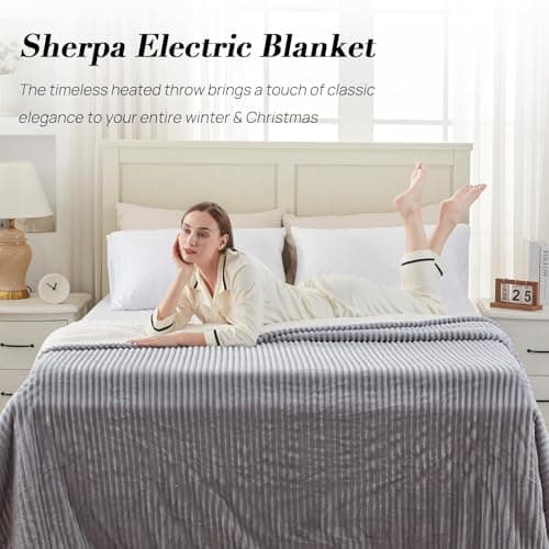Westinghouse King Size Heated Blanket, Soft Flannel to Sherpa Reversible Electric Blanket King Size with 10 Heating Levels & 1-12 Hours Auto Shut Off, Machine Washable, (100" x 90", Light Grey) 7