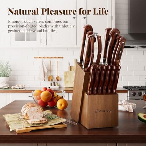 Knife Set, 15-pcs Emojoy Kitchen Knife Set with Block, Premium Kitchen Knives with Heavy Poultry Shears, Sharpener and 6pcs Serrated Steak Knives 2