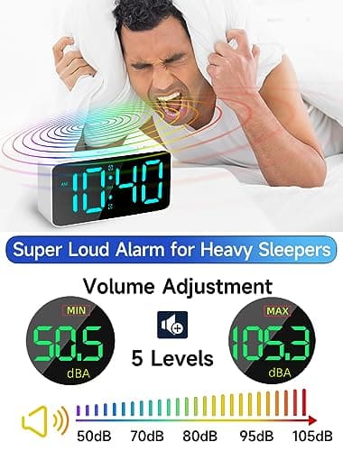 Cadmos Super Loud Alarm Clock for Heavy Sleepers Adults,Digital Clock with 7 Color NightLight,Adjustable Volume,USB Charger,Small Clocks for Bedrooms,Ok to Wake Up for Kids,Teens (White+RGB) 5
