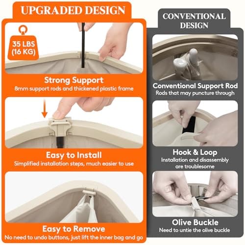 Lifewit 65L Slim Laundry Basket with Lid, Narrow Large Laundry Hamper with Plastic Handles and Removable Bag, Tall Foldable Dirty Clothes Hampers for Laundry Room, Bedroom, Bathroom, Dorm, Beige 5