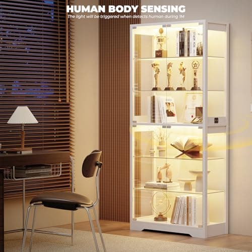 BROTTAR 6-Tier 71" Display Cabinet with Glass Door, Curio Cabinet with 3 Color Lights for Collectibles, Display Case with Adjustable Glass Shelves, Human Body Sensor, Storage Cabinets, White 7