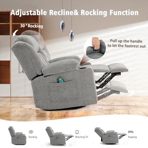 Ketaiyou Rocker Swivel Recliner Chair for Adults, Overstuffed Large Manual Recliner Glider with Massage and Heat, Comfy Soft Fabric Living Room Reclining Sofa Chair (Lime Gray) 7