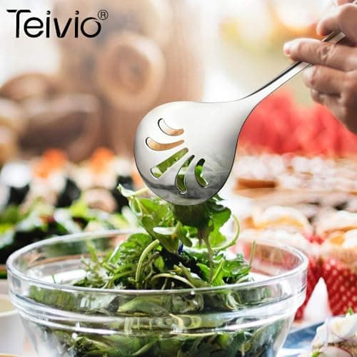 Teivio Stainless Steel Metal Serving Utensils - Large Set of 9-10" Spoons, 10" Slotted Spoons, and 9" Tongs (Silver) 6