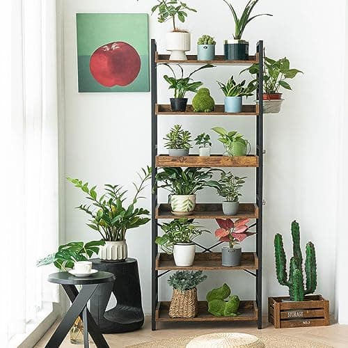 HCHQHS Adjustable 6 Tier Open Bookcase, Rustic Farmhouse Book Shelves, Industrial Wood and Black Metal Bookshelves, Mid Century Bookcase for Home Office Living Room Bedroom 9