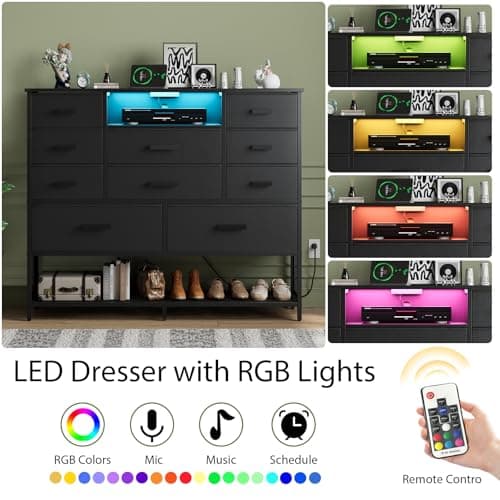 Harpaq Black Dresser for Bedroom with 10 Drawers, Chest of Drawers with Charging Station, TV Stand Storage with LED Light for 55" TV, Fabric Drawers with PU Finish, Dresser with Shelves for Closet 4