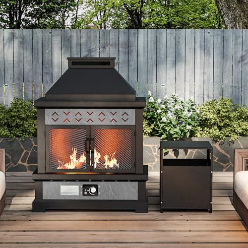 MaxMulti Outdoor Propane Fireplace w Tank Table, 50,000 BTU Gas Fire Pit with Ceramic Logs, Rain Cover, 35 Inch Steel Metal Smokeless Fireplace for Patio, Deck, CSA Certified (35 x 47 Inch)