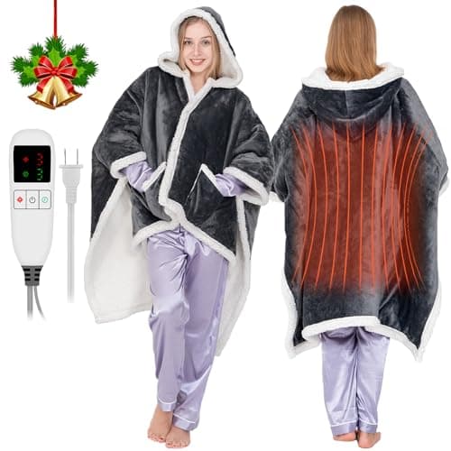 opclzs Wearable Heated Throw Blanket for Women Heated Shawl Wrap Heated Poncho Blankets with Sleeves Flannel&Sherpa Electric Robe Heated Throw Hoodie Blanket with 9 Temp for Home,Office 51"x63"