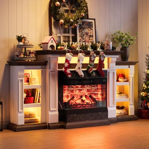 Naice 72" Electric Fireplace with Mantel and Cabinets, Fireplace TV Stand for TVs up to 80", LED Light & Power Outlet, 3-Side Glass Realistic Flame Insert Heater for Living Room Bedroom