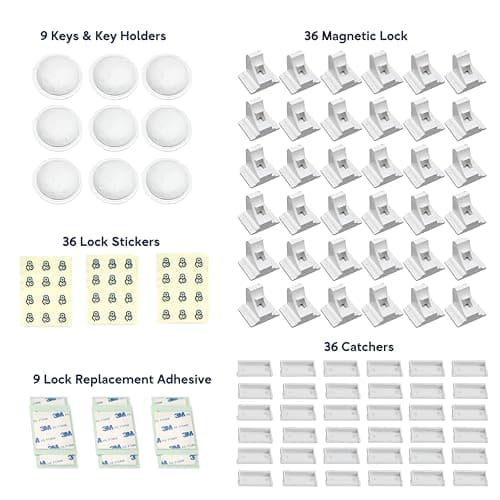 Baby Proof Me 36-Pack Magnetic Cabinet Locks, Baby Proofing Child Safety Locks with 9 Keys, No-Drill 3M Adhesive for Cabinets & Drawers 8