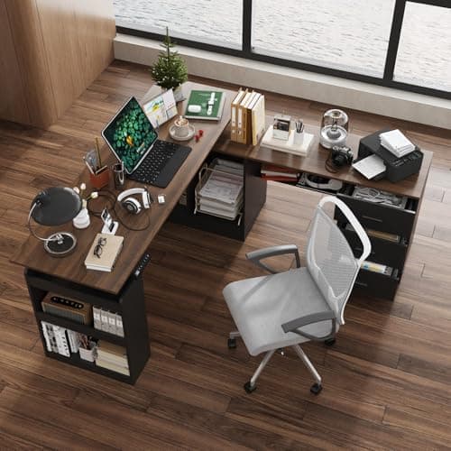 MOUMON L Shaped Electric Standing Desk with 3 Drawers and Shelves, Executive Adjustable Height Desk, 63 inch Tabletop, for Office Deep Brown and Black 63”W x 63”D x 28.9-45.3”H