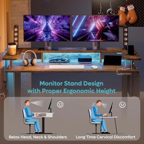 Bestier LED Electric Standing Desk Adjustable Height, 58x26 Inch Large Sit Stand Desk with Monitor Stand, Ergonomic Rising Desk for Home Office Workstation, Headphone Hook Storage Bag Brown 6