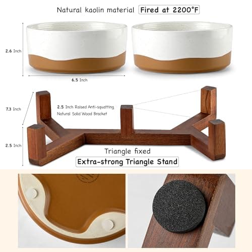 Lareina Ceramic Dog Bowl for Food and Water, 3 Cups Pet Bowl Set with Non-Slip Wood Stand for Your Small Medium Sized Dog, Vanilla White 6