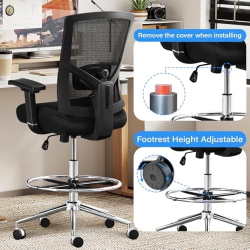 500 lbs Drafting Chair Tall Office Chair for Standing Desk, Extra Wide 21 inch Cushion, Ergonomic Heavy Duty Office Drafting Chair with Adjustable Lumbar Support, Pressure Locking Casters, 4D Arms 5