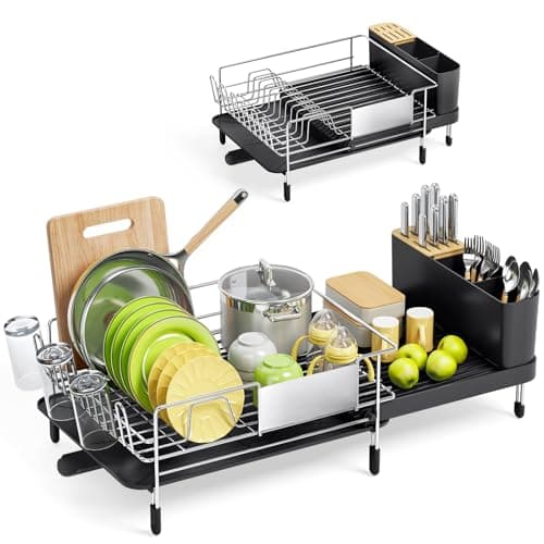 Urackify Large Dish Drying Rack - 304 Stainless Steel Dish Rack for Kitchen Counter, Extendable Dish Drainers with Cutlery & Cup Holders, Black 9