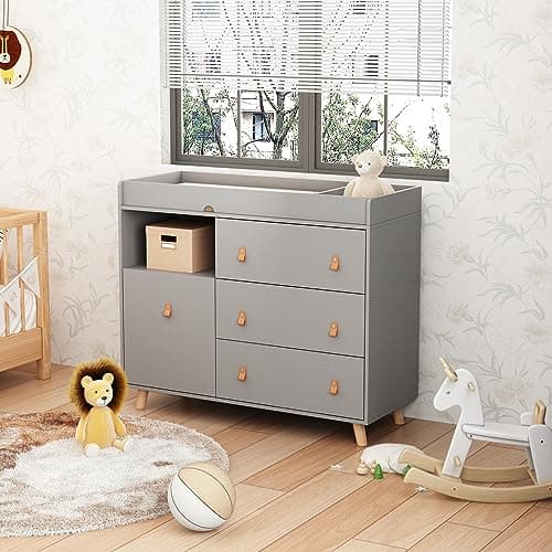Timechee Baby Dresser Changing Table with Drawers,Shelf,Hidden Laundry Basket Storage,2 in 1 Nursery Dresser Chest for Infants, Baby Diaper Changing Station for Daycare,Bedroom,Grey 9