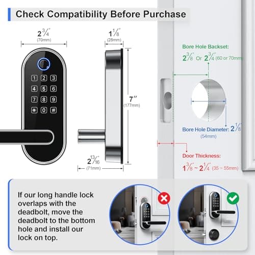 Bluetooth Fingerprint Smart Lock with Handle & Keypad – Fits Most US Doors, DIY Install, Keyless Entry: Code, FOB, Auto-Lock. Ideal for Home, Airbnb, Rental, Kids, Seniors. Alexa & Google Compatible 8