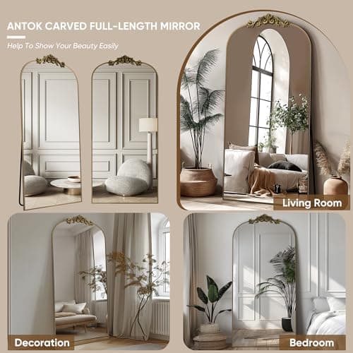 Antok Arched Full Length Mirror, 71"x28" Floor Mirror with Carved Frame, Standing/Wall Hanging Large Mirror for Bedroom, Living Room, Cloakroom, Bronze, Retro Style 6