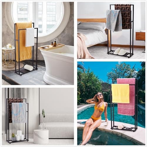 Towel Racks for Bathroom, 39'' Tall 2 Tier Bathroom Towel Stand with Storage Shelves, Modern Standing Pool Drying Rack for Outdoor, Black, ALHAKIN 7