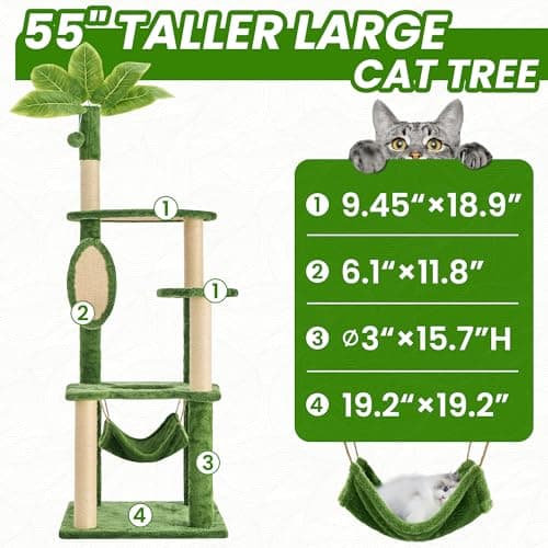 Nineshi 55 Inch Large Cat Tree Tower for Indoor Cats with Hammock Green Leaves Sisal Scratching Post, Plush Hang Ball Play Furniture for Kittens & Adult Cats, Green 6