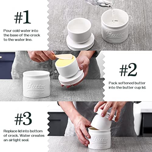 DOWAN Butter Crock, French Butter Dish for Spreadable Soft Butter, Ceramic Butter Keeper With Lid for Countertop, Butter Dish With Waterline, Housewarming Gift, Kitchen and Home Decor, Soft White 4