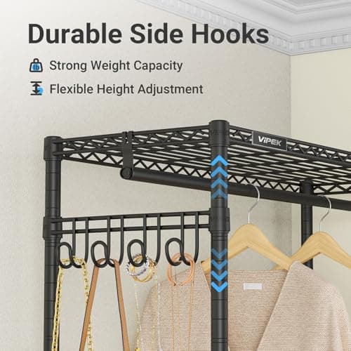 VIPEK R2 Plus Heavy Duty Rolling Garment Rack 3 Tiers Adjustable Wire Shelving Clothes Rack with Double Rods and Side Hooks, Freestanding Wardrobe Storage Rack Metal Clothing Rack, Black 5