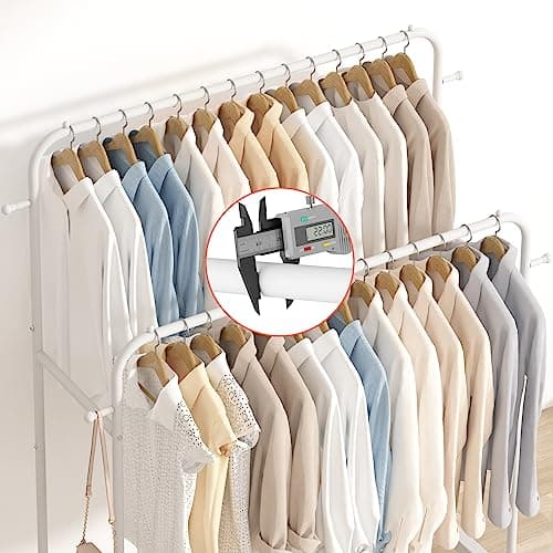 Laiensia Double Rods Garment Rack with Wheels, Clothing Rack for Hanging Clothes,4 Hooks, Multi-functional Bedroom Clothes Rack, White 7