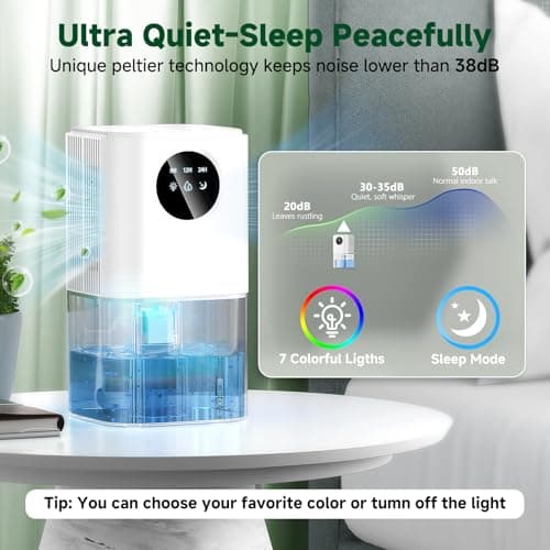 Dehumidifier, 60 OZ Water Tank Dehumidifiers for Bathroom Bedroom with Auto Shut Off & Defrost Timer Sleep Mode and 7 Colors LED Light, Quiet Small Dehumidifiers for Home Room Closet RV (White) 5