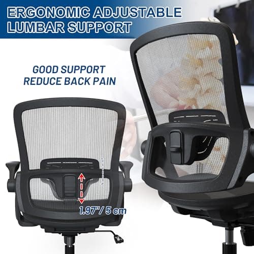 Sandure Mesh Office Chair Ergonomic Home Swivel Desk Chair Comfy Black Modern Computer Chair with Adjustable Lumbar Support Comfortable Office Desk Chair Flip Up Arms with Wheels 5