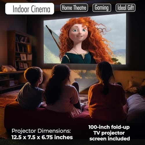 RCA PROJECTOR WITH FREE 100" FOLDABLE SCREEN AND BLUETOOTH | Portable Indoor & Outdoor Projector with 150 Inch Projection | Compatible with HDMI, USB, Roku, iPhone, Android, & Apple TV 6