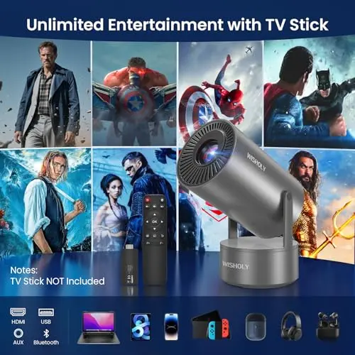 WISHOLY Projector with WiFi and Bluetooth, Mini Portable Projector with Built-in Rechargeable Battery for Outdoor, 1080P Supported, Electric Focus & Auto Keystone, Home Theater with 210° Mount 5