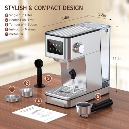 QJA Espresso Machine with Milk Frother, 20 Bar Compact Coffee Machine with Touch Screen & 57.5oz Removable Water Tank for Home, Stainless Steel Espresso Maker for Cappuccino, Latte, Silver 9