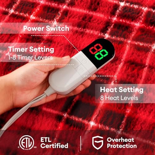 MAXEVE Heated Electric Blanket, 50"x60" Faux Fur Fast Heating Throw Blankets with 8 Heating Levels & 8 Hours Auto Off with Over-Heat Protection & ETL Certified, Plaid Red 5