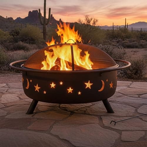 Sunnydaze Cosmic 42-Inch Large Outdoor Fire Pit - Wood-Burning Fire Pit with Round Spark Screen, Poker, and Built-in Grate 8