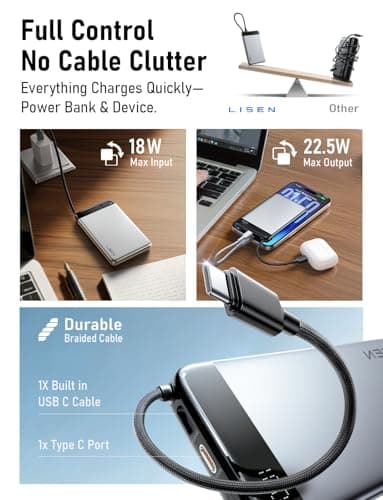 LISEN [CCC Certified][Alloy-Made] 0.5" Ultra Slim 10000mAh Power Bank, 22.5W Fast Charging with Built in USB-C Cable, Airplane Travel Essentials for iPhone 17 Air 16 15 Pro Samsung Galaxy S26 Ultra 5