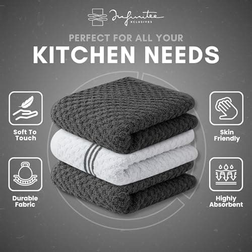 Infinitee Xclusives Premium Kitchen Towels – Pack of 3, 100% Cotton |15 x 25| Inches Absorbent Dish Towels - Terry Kitchen Dishcloth Towels - Grey Dish Cloth for Household Cleaning 5