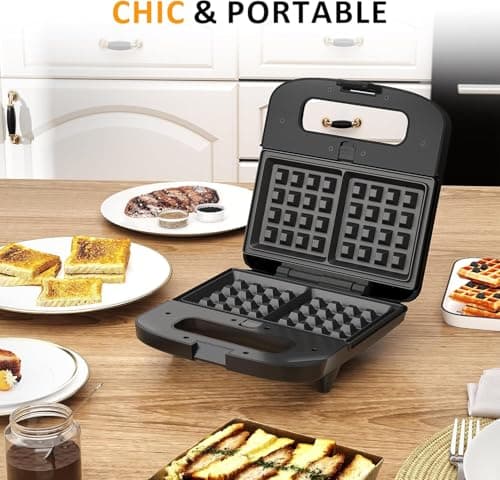 Sunvivi Waffle Iron, Panini Press Grill and Sandwich Maker Set, 3 in 1 Electric Sandwich Press with Removable Non-Stick Plates, Indicator Lights & Cool Touch Handle 750W 7