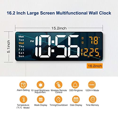 Digital Wall Clock Large Display, 16.2 Inch , LED Digital Clock with Remote Control for Living Room Decor, Automatic Brightness Dimmer with Date Week Temperature (Orange) 3
