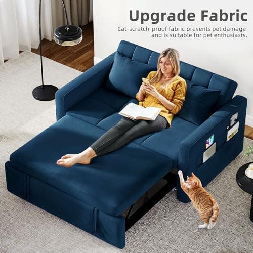 YITAHOME 55" Convertible Sofa Bed, 3-in-1 Sleeper Sofa with Pull-Out Bed, Cat-Scratch-Proof Fabric Futon Couch with Reclining Backrest and Side Pocket, Loveseat for Living Room, Blue, Full Size 5