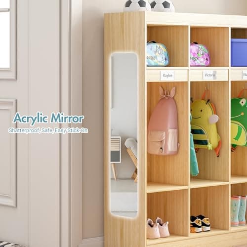 Kikihouse 3-Section Classroom Coat Locker with 6 Cubbies, Daycare Cubbies with 6 Hooks and Acrylic Mirror, Kindergarten Lockers with Raised Edges for Home, School, Nursery 5
