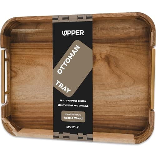 Upper Acacia Wood Ottoman Tray 17x13 Inches with Handles, Decorative Serving Tray for Coffee Table, Breakfast Tray with Anti-Skid Pads