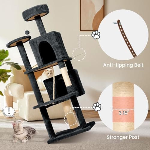 TSCOMON 58.5inch Large Cat Tree Tower Condo for Indoor Cats, Soft Plush Multi-Level Climbing Tree Cat House with 1 360° Rotating Cat Cave, Scratching Post, More Entrance/Exit, Sisal Rope, Grey Black 5
