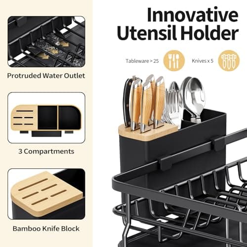 Expandable Dish Drying Rack for Kitchen Counter, Large Extendable Dish Rack with Bamboo Cover Cutlery Holder, Multifunctional Adjustable Dish Dryer Drainer 7