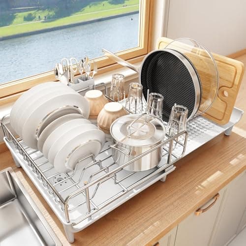 SNTD Dish Drying Rack - Expandable Dish Rack for Kitchen Counter, Large Dish Drainer with Pan Holder, Dish Strainer with Drainboard Cup Holder and Utensil Holder, White