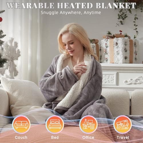 Richtry Electric Blanket Wearable with Foot Pockets & Sleeves, Electric Heated Snuggle Blanket, Flannel & Sherpa Heating Throw with 10 Heat Settings, 1-12 Hours Auto Shut-Off, 50"×70", Grey 5