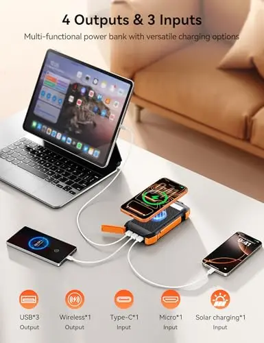 MOSKIZ Solar Charger Power Bank, 40000mAh Wireless Portable Charger QC3.0 PD 20W Fast Charging with USB-C in/Output, External Battery Pack with Dual Flashlights Hiking Camping Essential 5