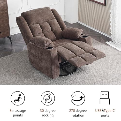 Ketaiyou Power Swivel Rocker Recliner Massage Chair, USB and Type-C Ports, Electric Recliner Glider Reading Chairs Living Room, Upholstered Soft Fabric Reclining Sofa Chair (Fabric Coffee), TYD9911 6