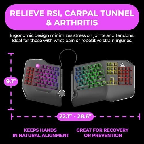 Cloud Nine C989 Ergonomic Mechanical Keyboard for PC - Kailh Linear Red Switches - RGB Light Up LED Backlit with USB - Ergo Split Key Board with Macro 5