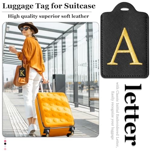Personalized Initial Luggage Tags for Suitcases,Leather Letter Cute Luggage Tags with Privacy Name Card,Embroidered Monogrammed Travel Bag Backpack Tag Gifts for Women Kids Girls Teens(Black-A) 7